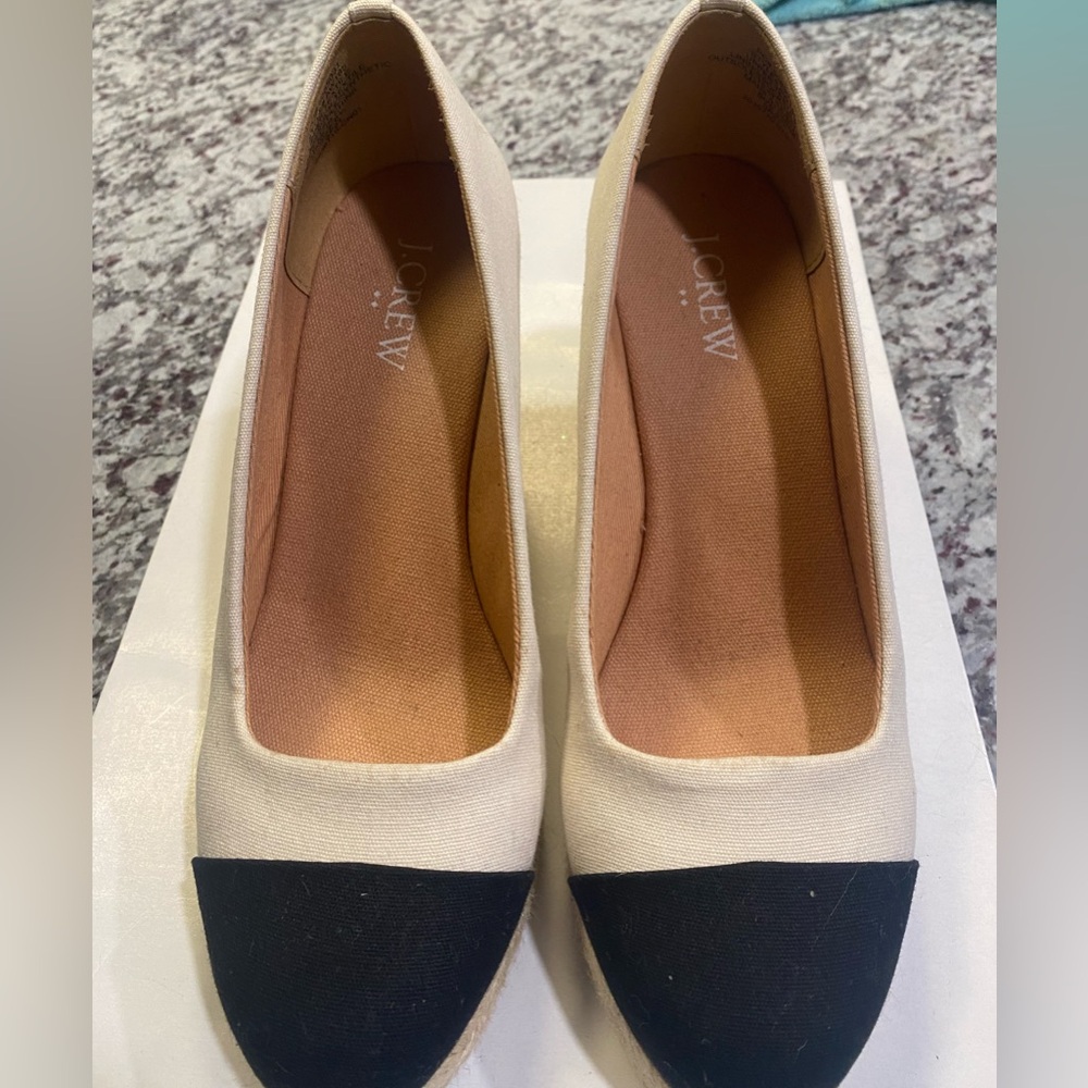 J. Crew Cream Canvas Espadrille Flats with Black Cap Toe
